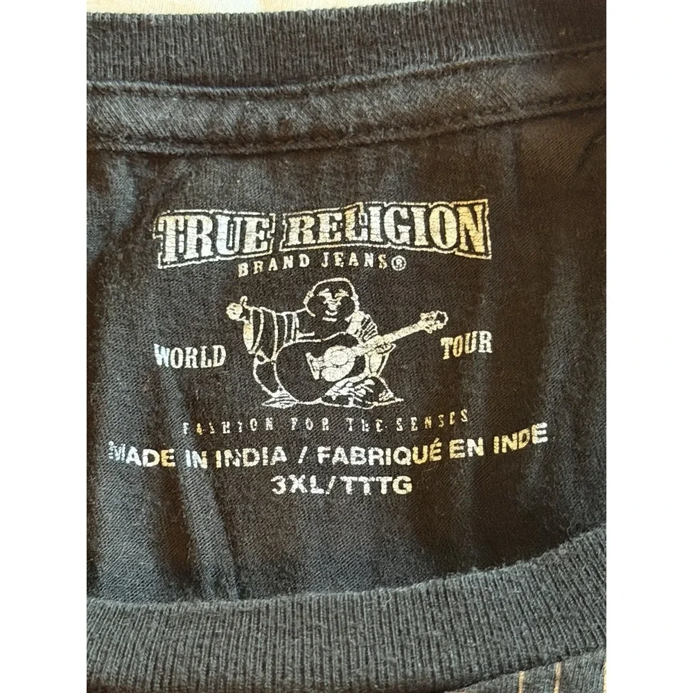 True Religion Shirt Mens 3XL Black Gold Logo All Over Text Pullover